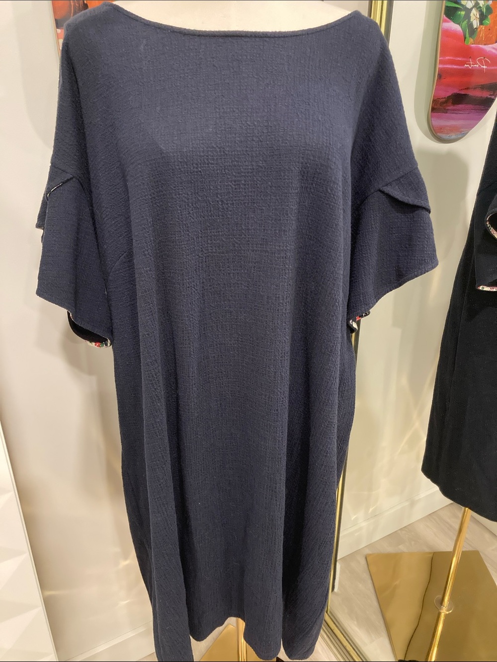 Artisan Ny Navy Textured Cotton Midi Dress with Ruffle Sleeves